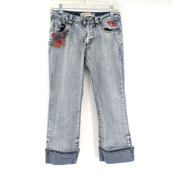 Apollo Vintage 90s Y2K Low Rise Cropped Beaded Embroidered Capri Jeans Size 3/4 - Picture 1 of 14